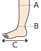 Aふくらはぎの位置 B足首の位置 C足の位置